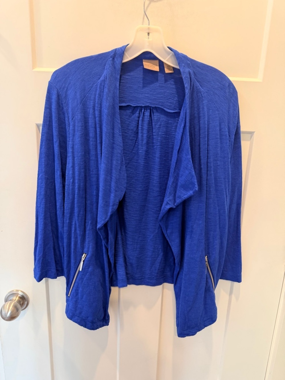 Chico’s Easywear Blue Drape Cardigan Open Front Zip Detail Size 1 medium